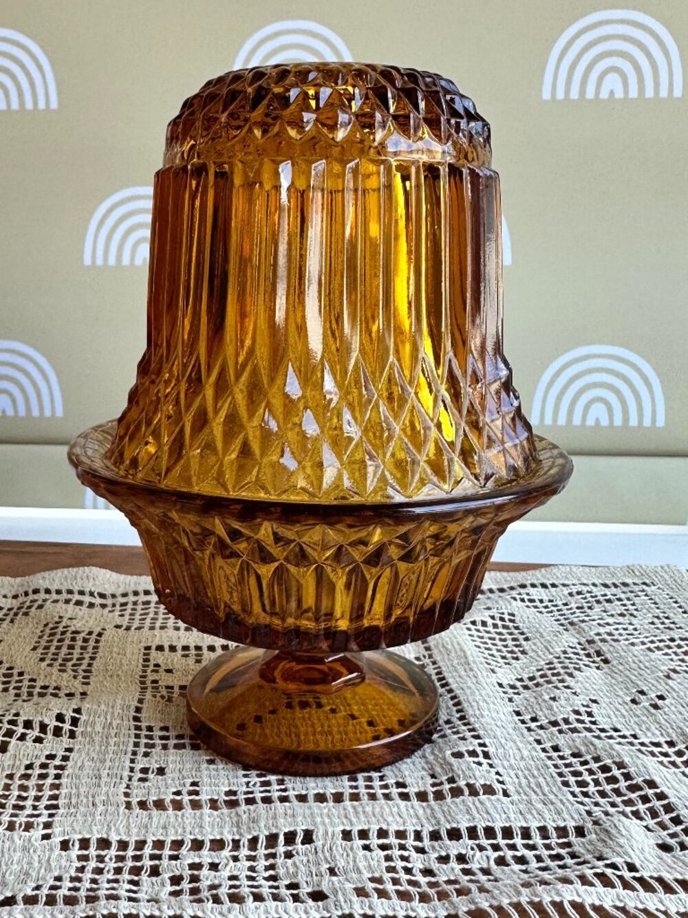 Vintage Indiana Glass Amber Diamond Point Fairy Lamp Light Excellent Condition